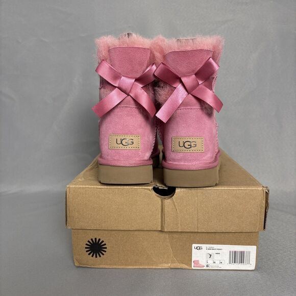 UGG Shoes - Womens UGG Boots Mini Bailey Bow WBRR Pink Sz 7 Suede Coquette Festival Sold Out